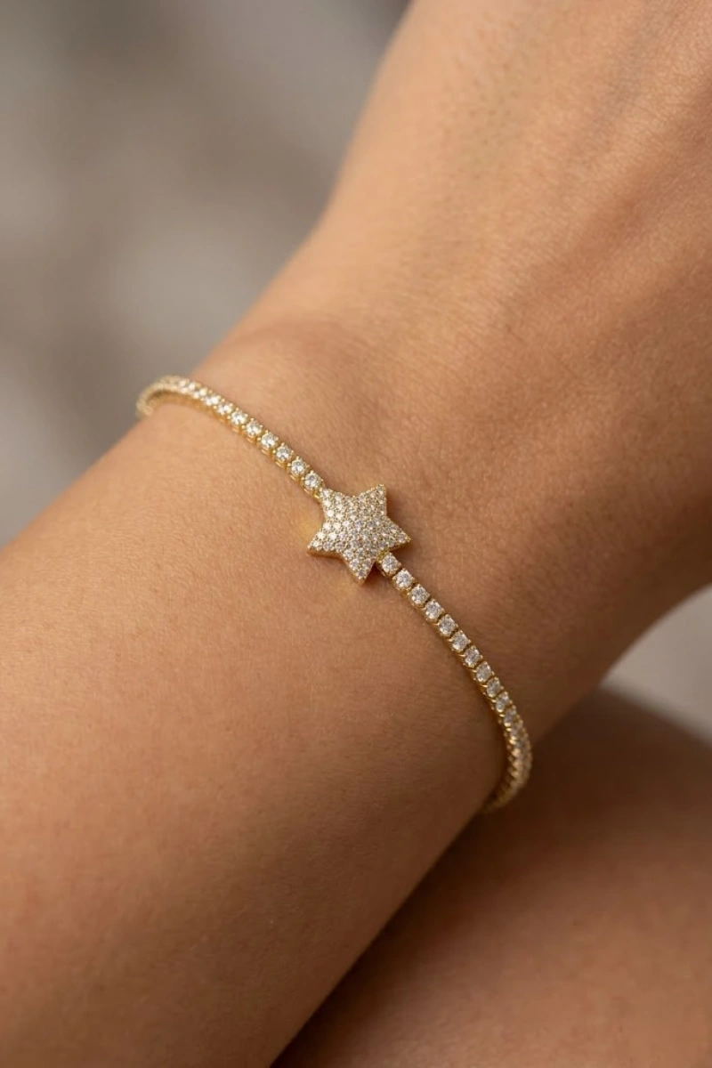 Taşlı Yıldız Model Gold Altın Kaplama Su Yolu Bileklik