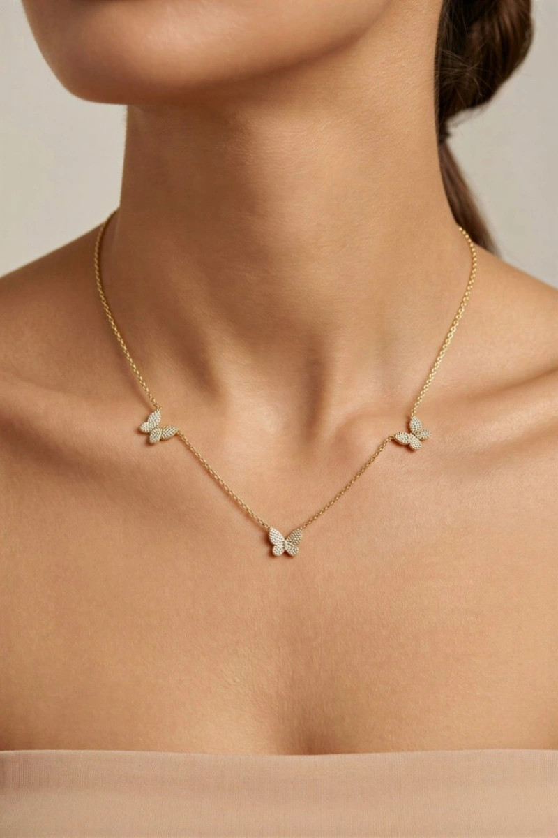 Üçlü Kelebek Model Zarif Gold Altın Kaplama Kolye