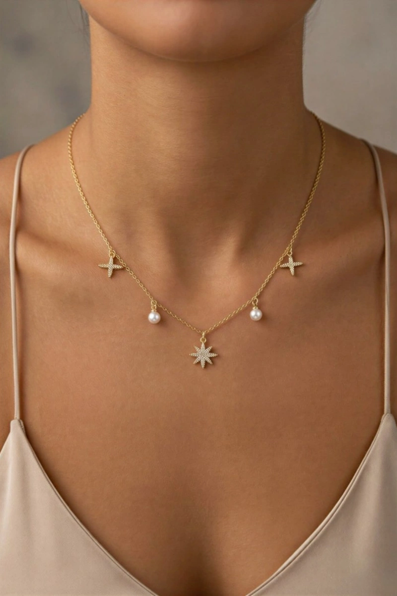 Kuzey Yıldızı Model Zarif Gold Altın Kaplama Kolye