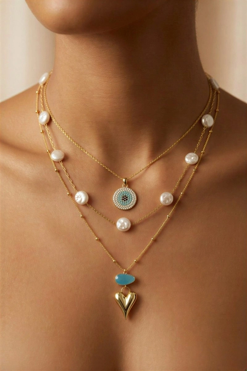 İnci Model Gold Altın Kaplama Kolye Kombin