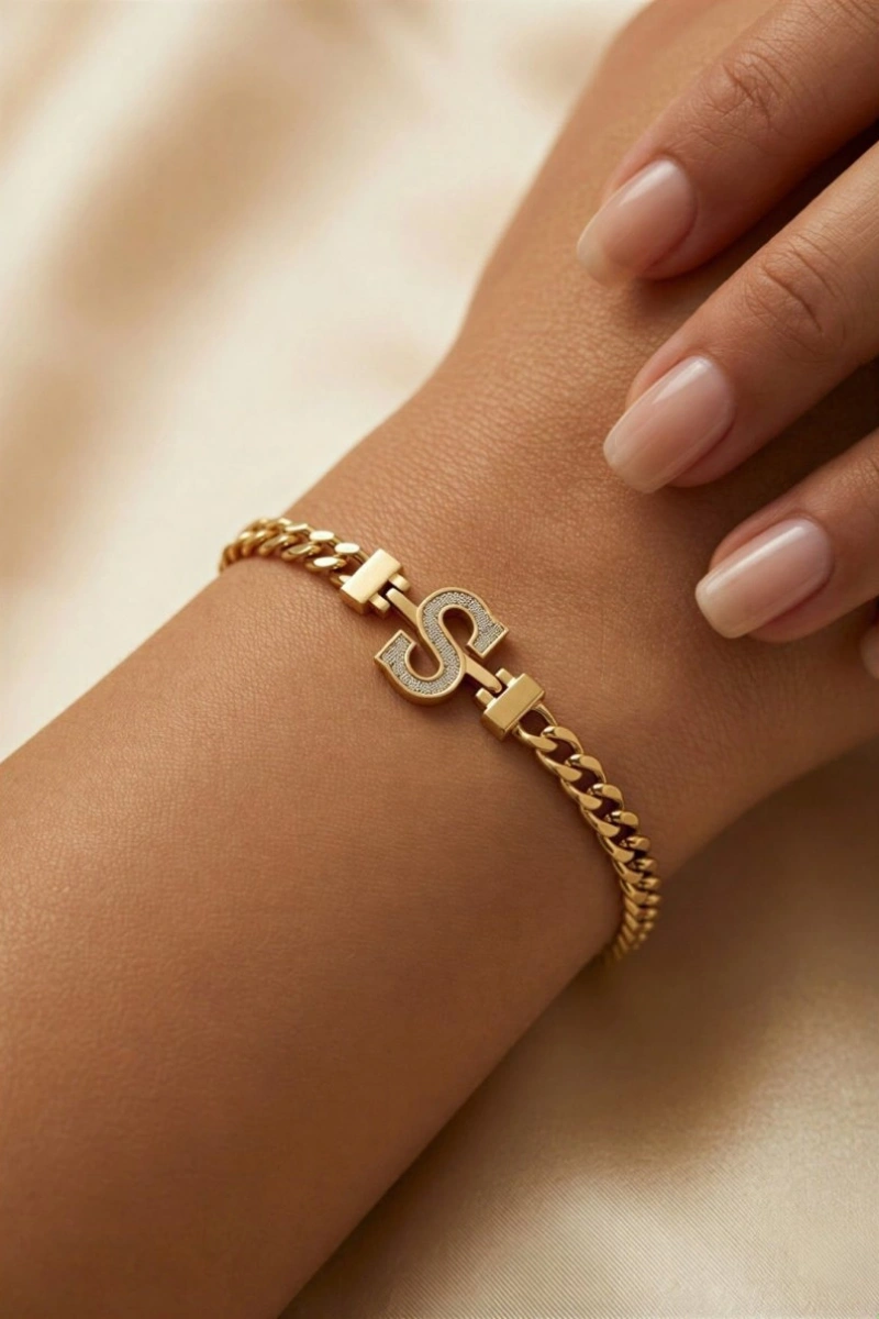 S Harf Oval Zincir Altın Kaplama Bileklik
