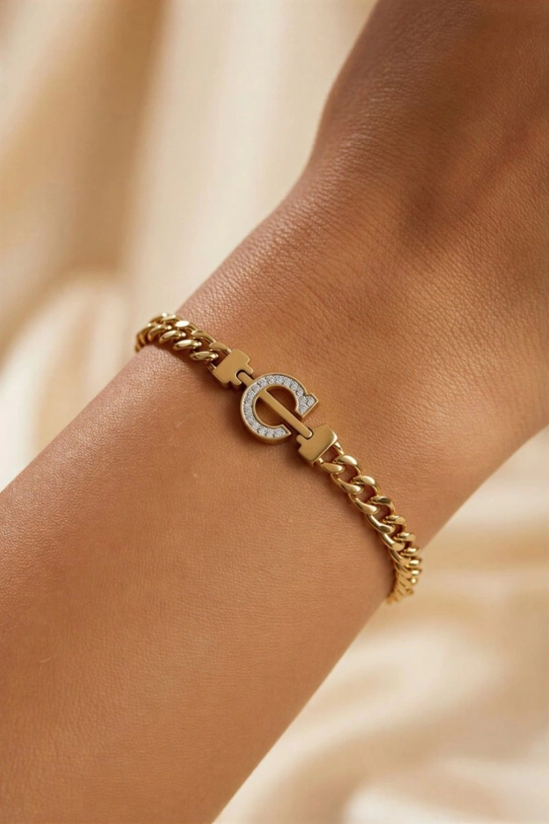 C Harf Oval Zincir Altın Kaplama Bileklik