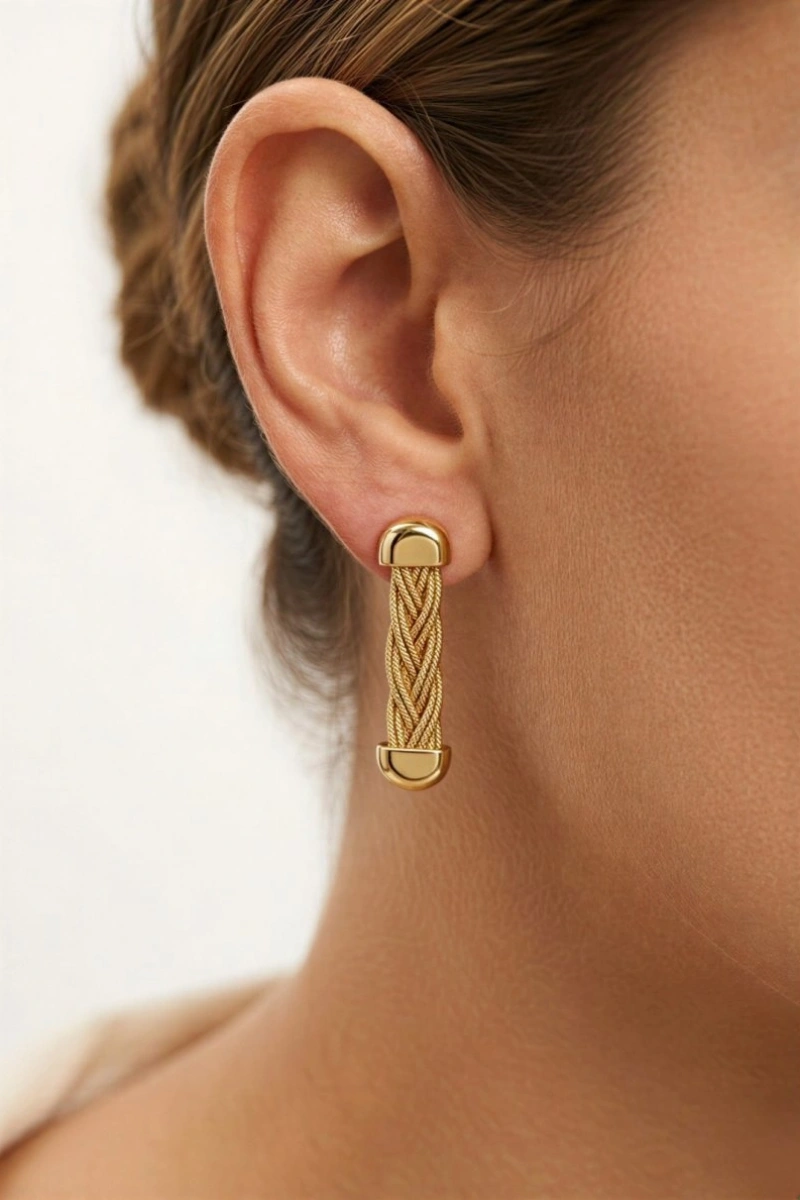 Hasır Geçme Model Gold Altın Kaplama Kuyumcu Küpe