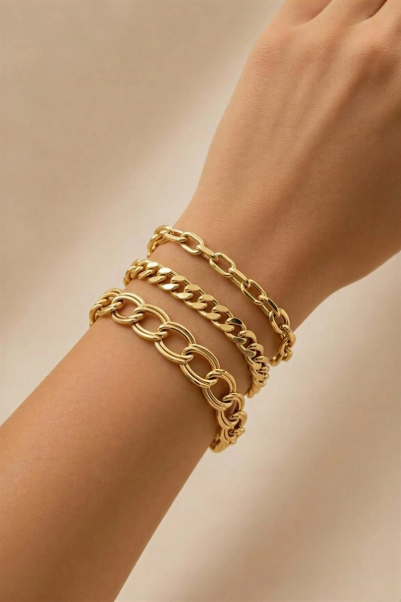Köşeli Halka Model Gold Altın Kaplama Bileklik Kombin