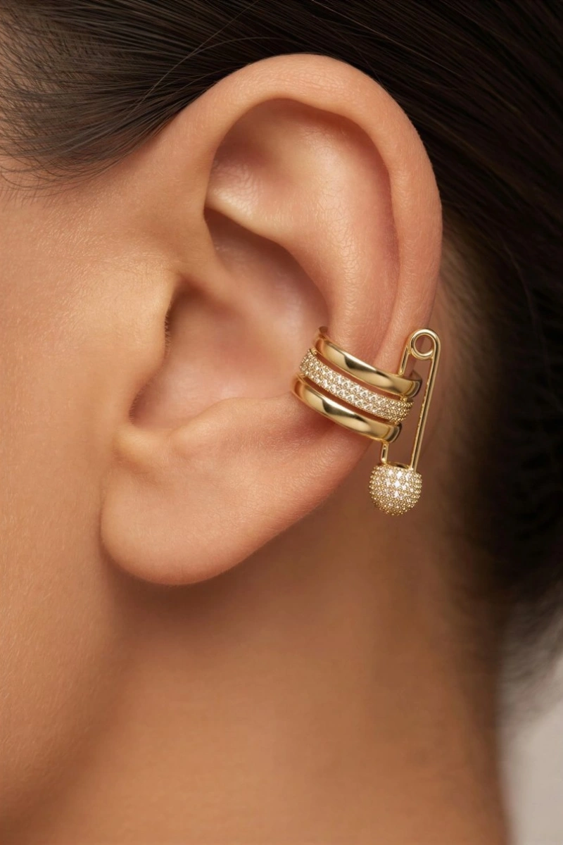 İğne Model Gold Altın Kaplama Ear Cuff