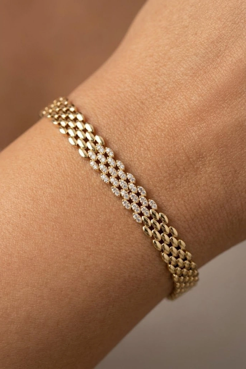 Yarı Taşlı Hasır Model Gold Altın Kaplama Bileklik