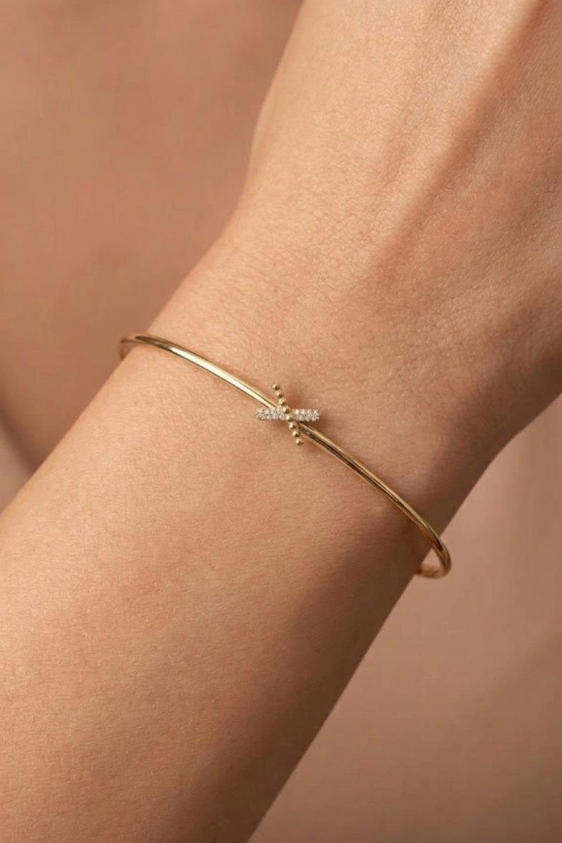 Taş Cross Detay Yay Model Gold Altın Kaplama Bileklik