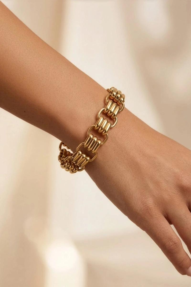 Kare Blok Gold Altın Kaplama Çelik Bileklik