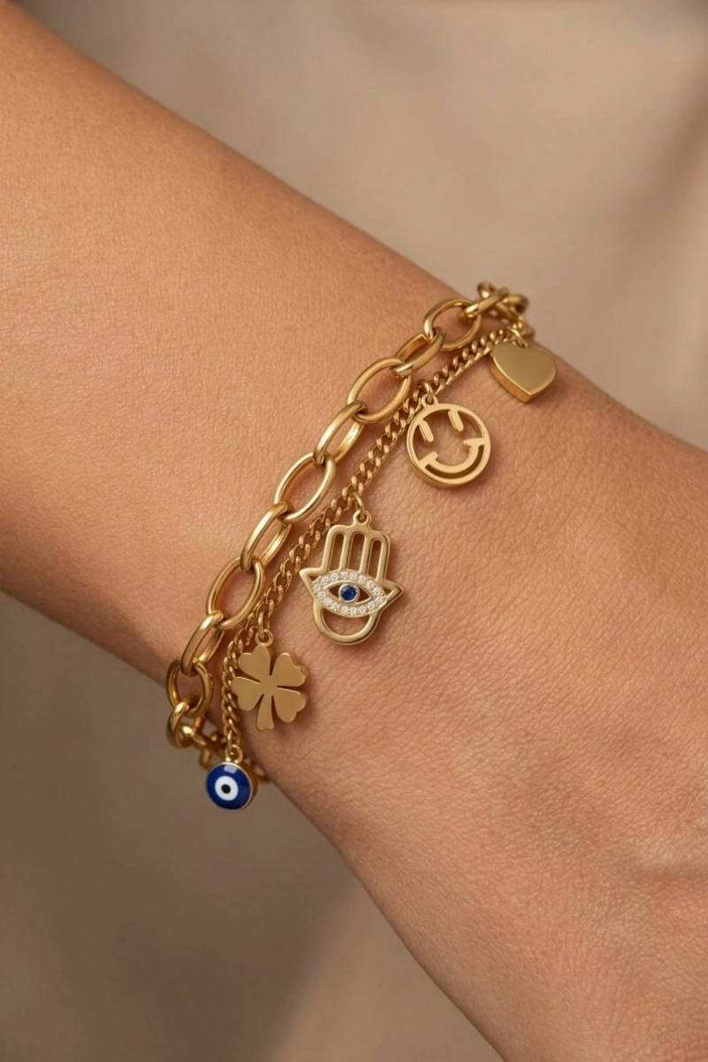 Yonca Charm Detay Gold Altın Kaplama Çelik Bileklik