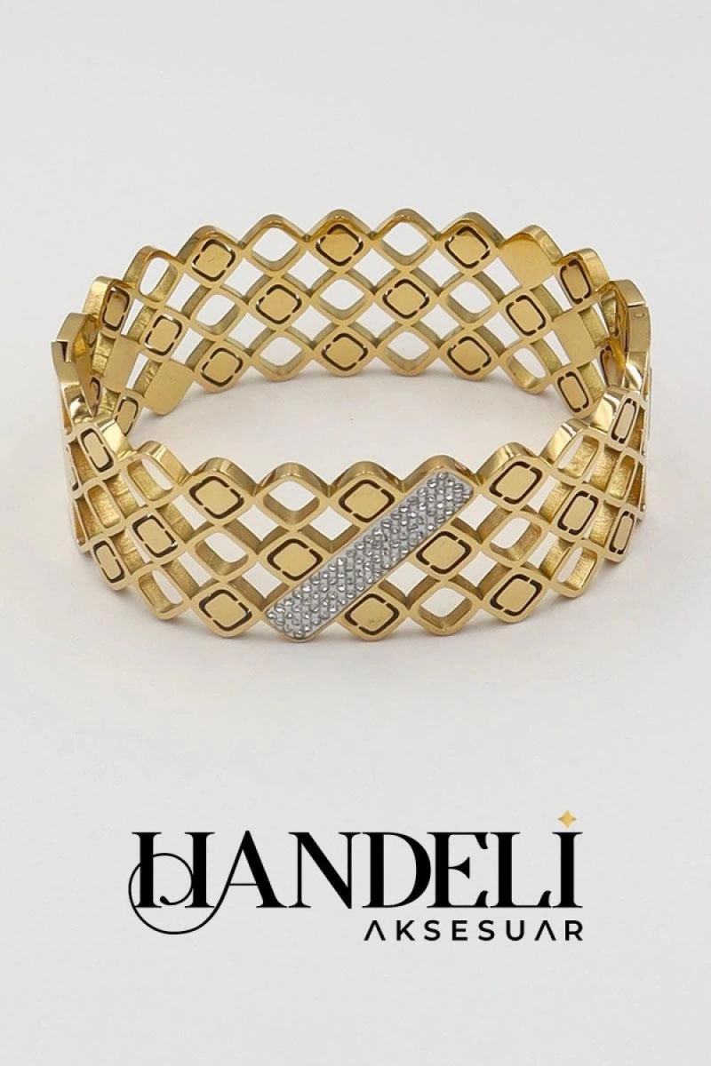 Tanos Model Taşlı Gold Altın Kaplama Çelik Bileklik
