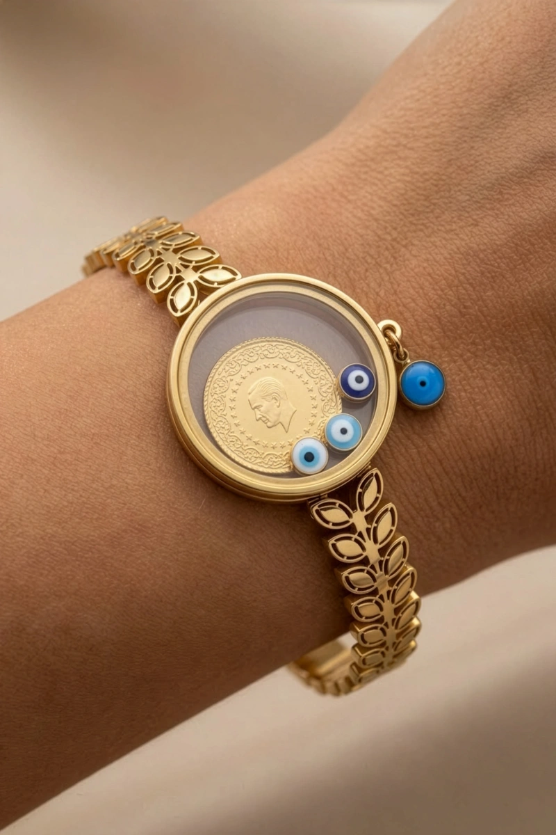 Cam Çerçeve Çeyrekli Yaprak Model Gold Altın Kaplama Bileklik