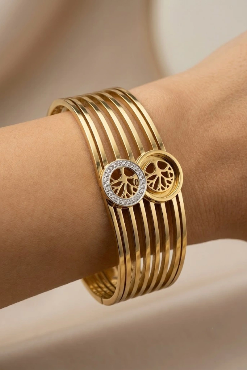 Yaşam Ağacı Model Kalın Gold Altın Kaplama Bileklik