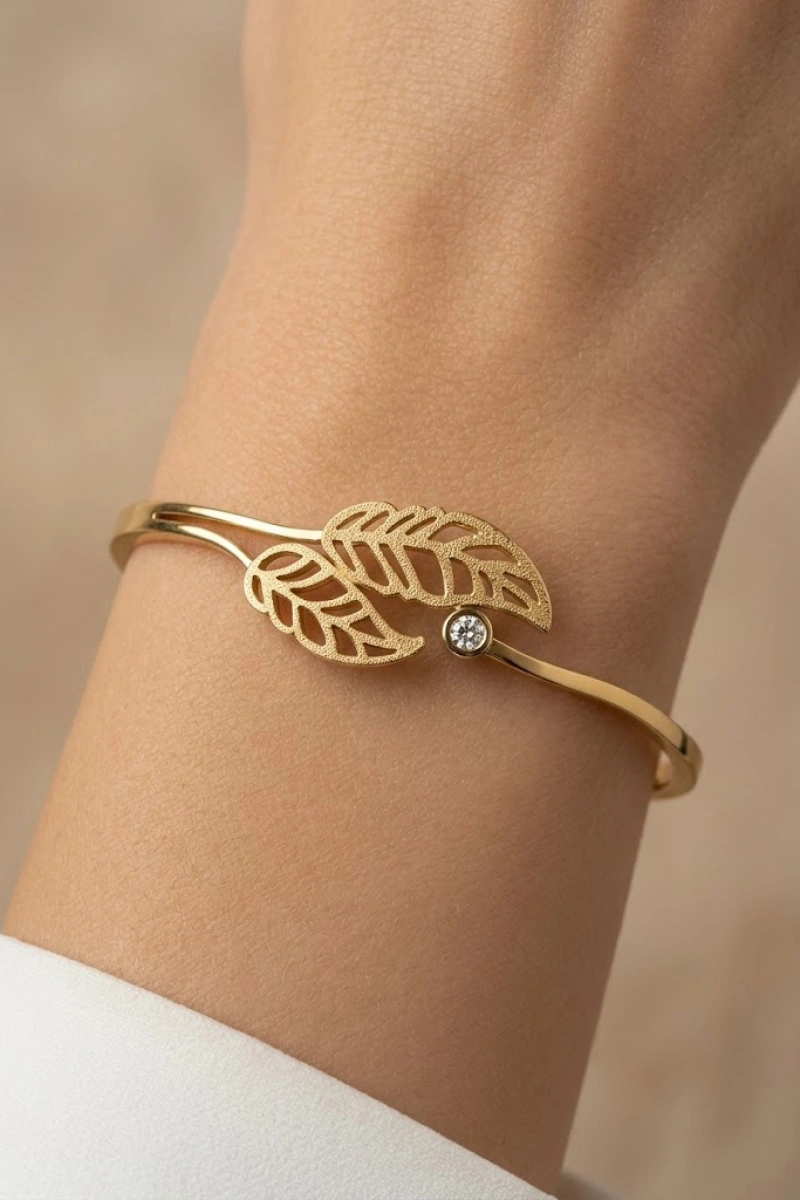 Çift Yaprak Model Simli Gold Altın Kaplama Bileklik