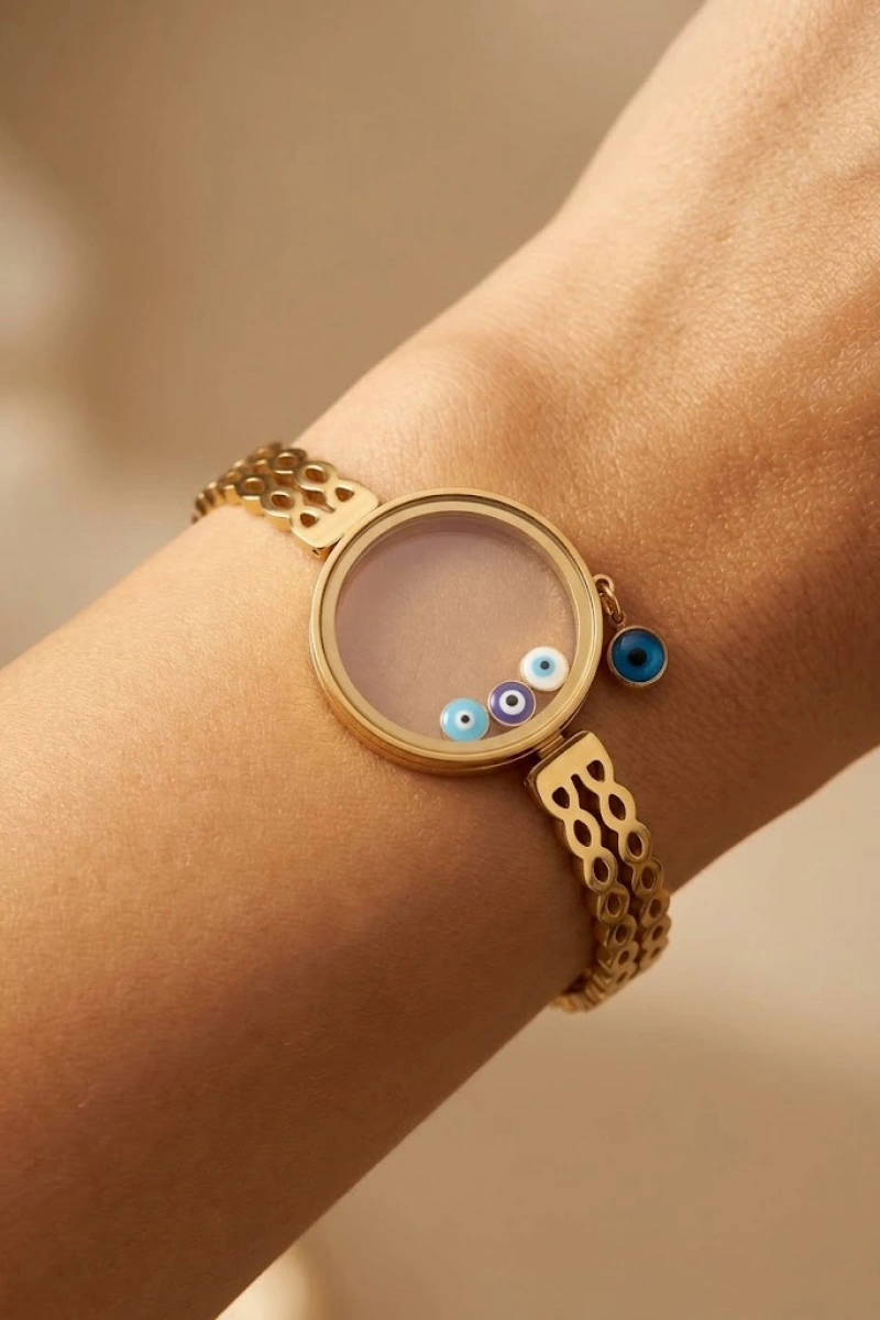 Cam Çerçeve Boş Nazar Boncuk Detay Dalga Model Gold Altın Kaplama Kelepçe