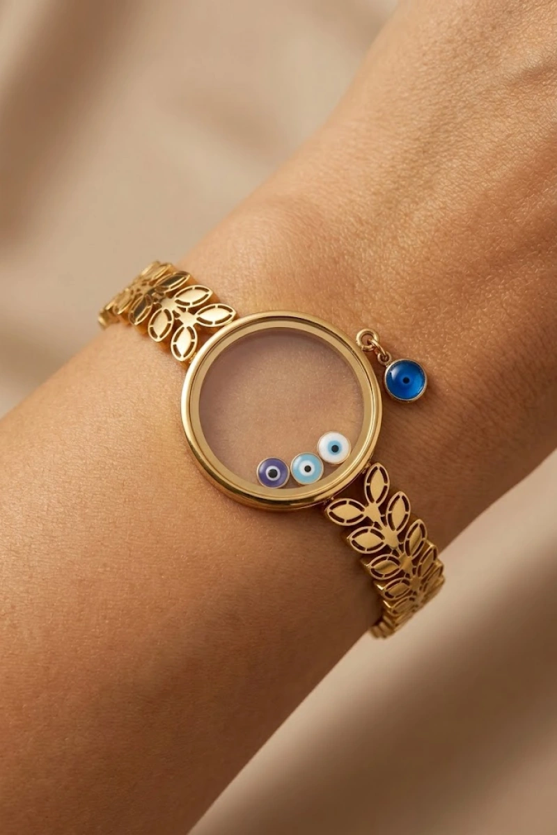 Cam Çerçeve Boş Nazar Boncuk Detay Yaprak Model Gold Altın Kaplama Bileklik