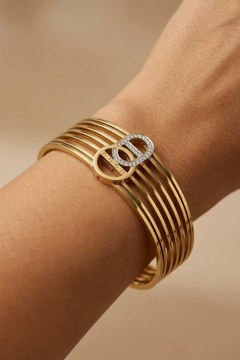 İki Halkalı CD Detay kalın Model Gold Altın Kaplama Bileklik