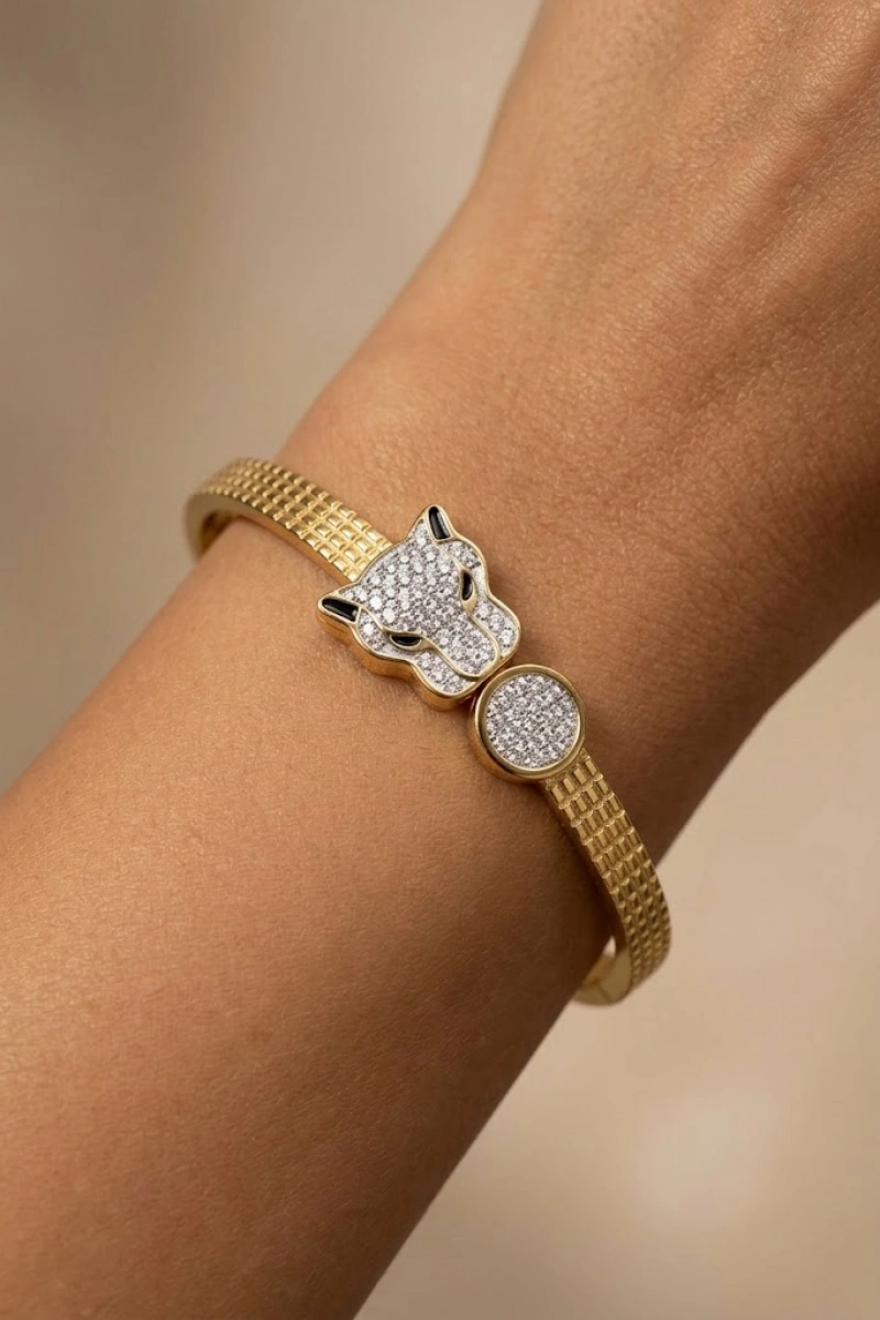 Taşlı Jaguar Model Gold Altın Kaplama Bileklik