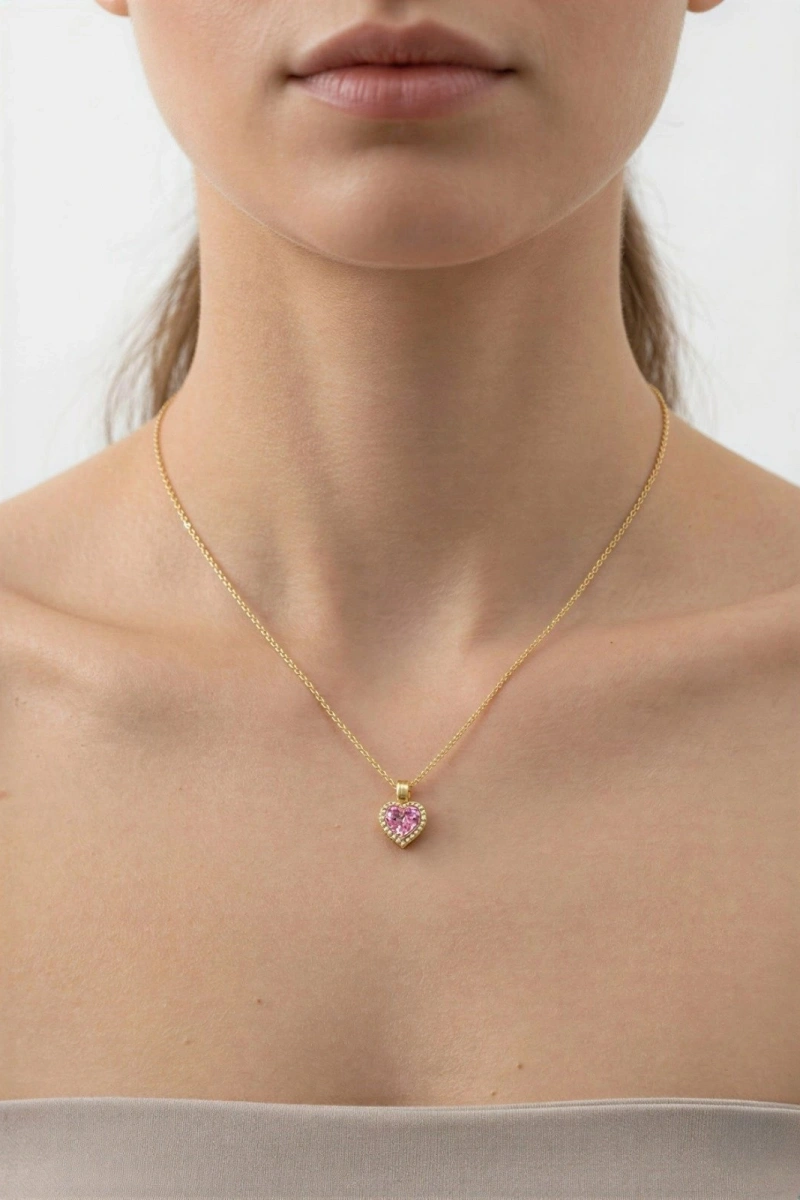 Düz Zincir Pembe Kalp Detay Gold Altın Kaplama Kolye
