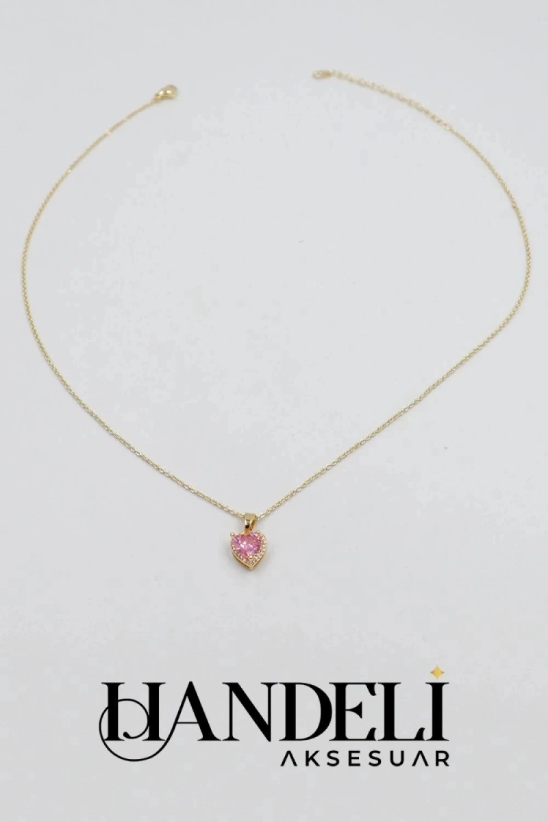 Düz Zincir Pembe Kalp Detay Gold Altın Kaplama Kolye