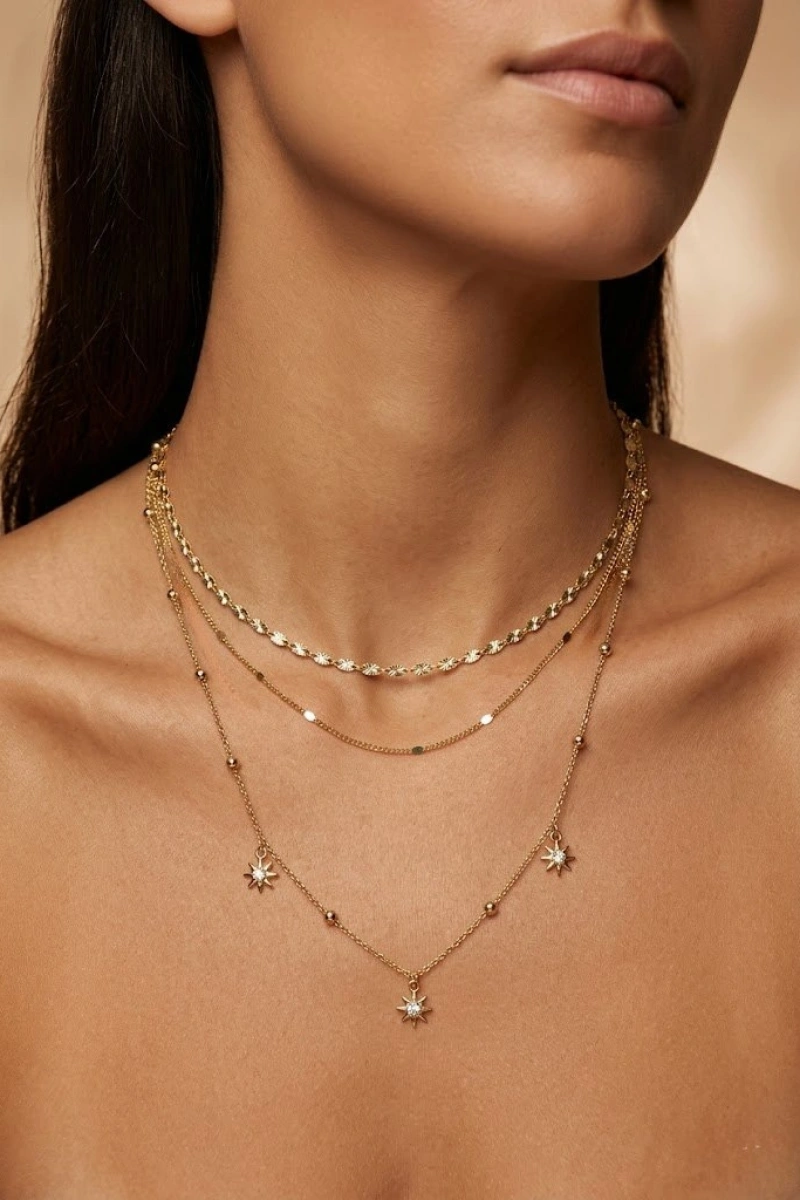 Taşlı Yıldız Model Çoklu Zincir Gold Altın Kaplama Kolye