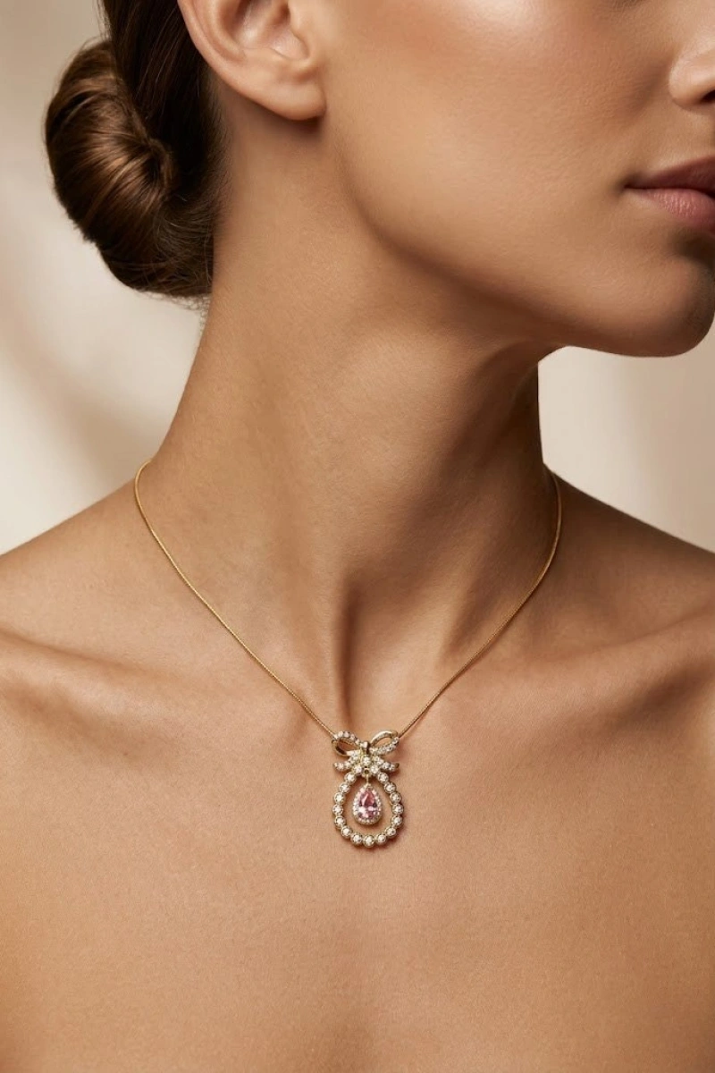 Fiyonk Detay Pembe Damla Model Gold Altın Kaplama Bileklik