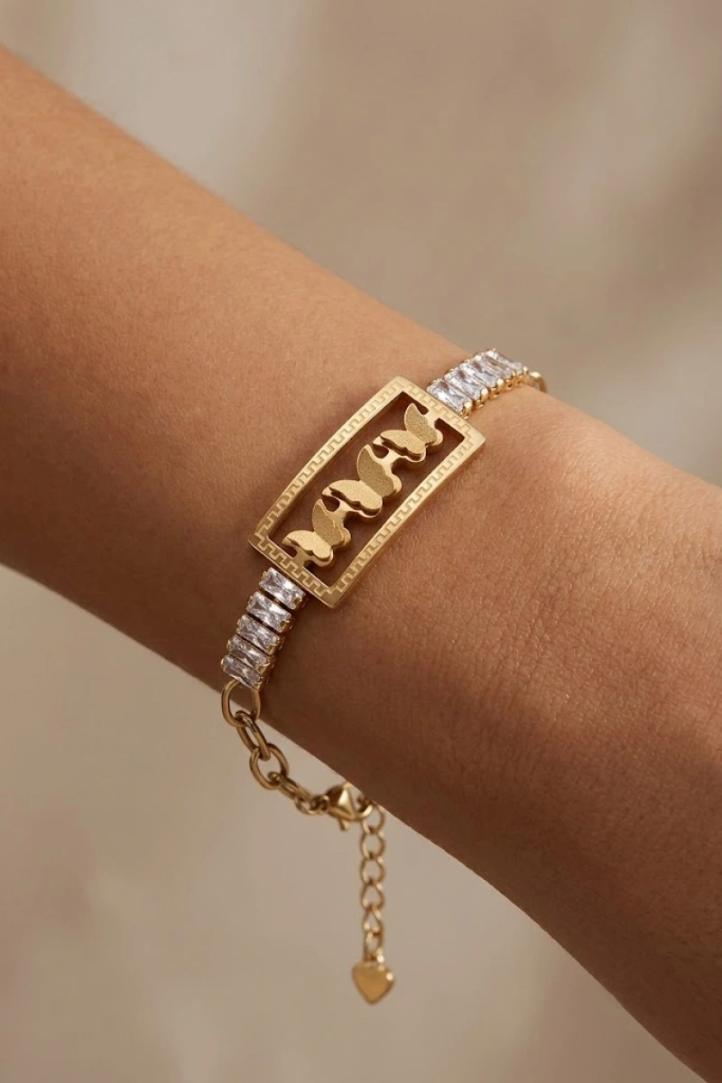 Düz Zincir Kelebek Model Baget Taş Gold Altın Kaplama Çelk Bileklik