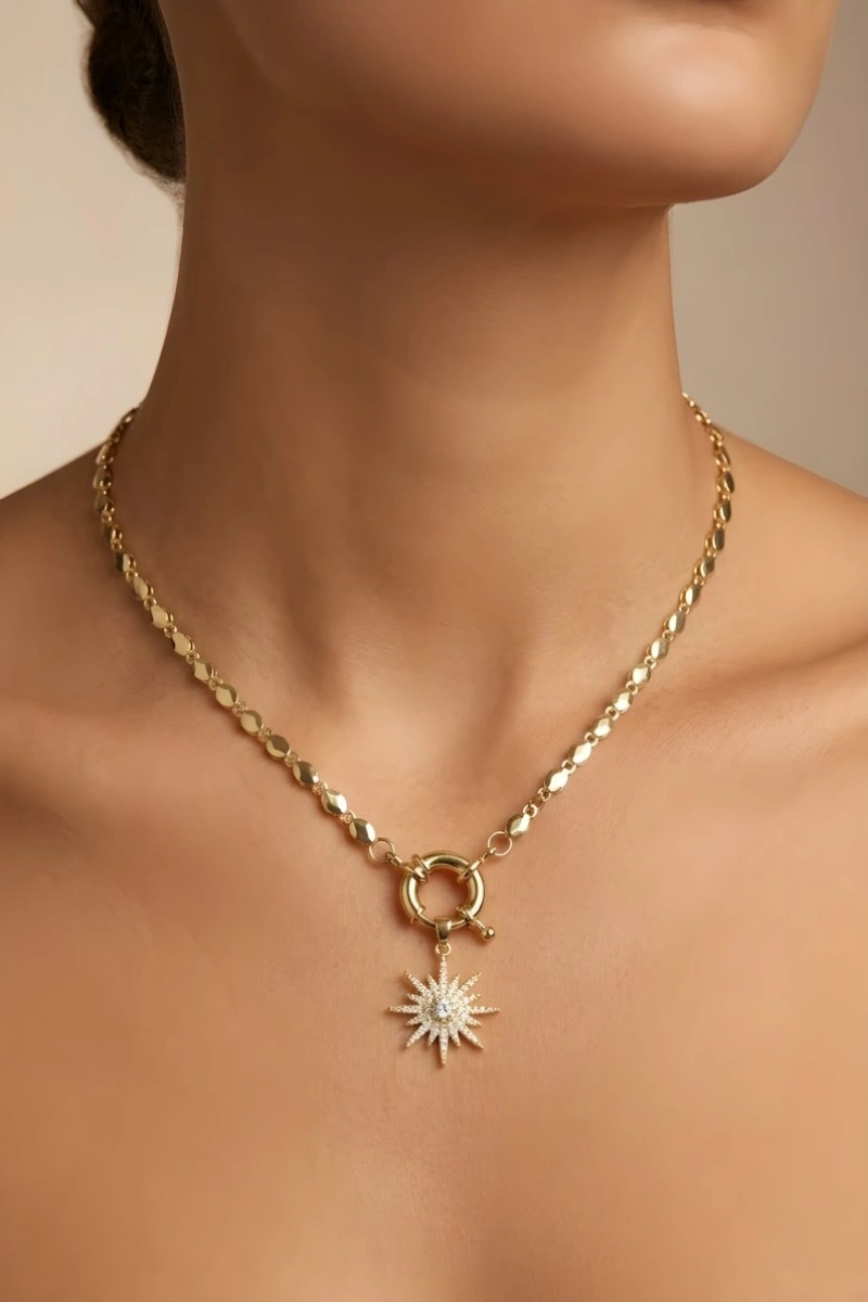 Arpa Zincir Kuzey Yıldızı Model Gold Altın Kaplama Kolye