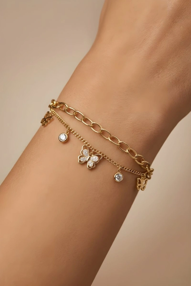 Çift Zincir Sallantı Detay Kelebek Model Gold Altın Kaplama Bileklik