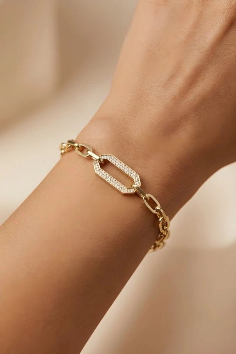 Sekizgen Taş Model Gold Altın Kaplama Bileklik