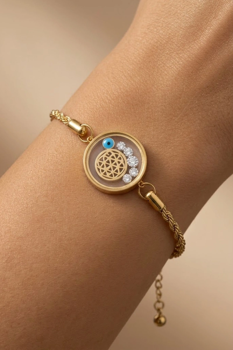 Burgu Cam Çerçeve Yaşam Çiçeği Model Gold Altın Kaplama Çelik Bileklik
