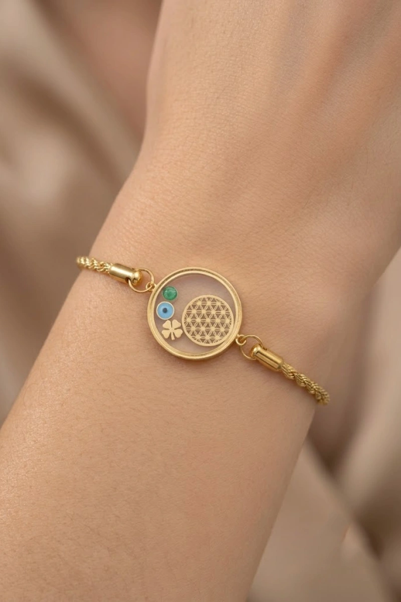 Burgu Zincir Cam Çerçeve Yaşam Çiçeği Model Gold Altın Kaplama Çelik Bileklik