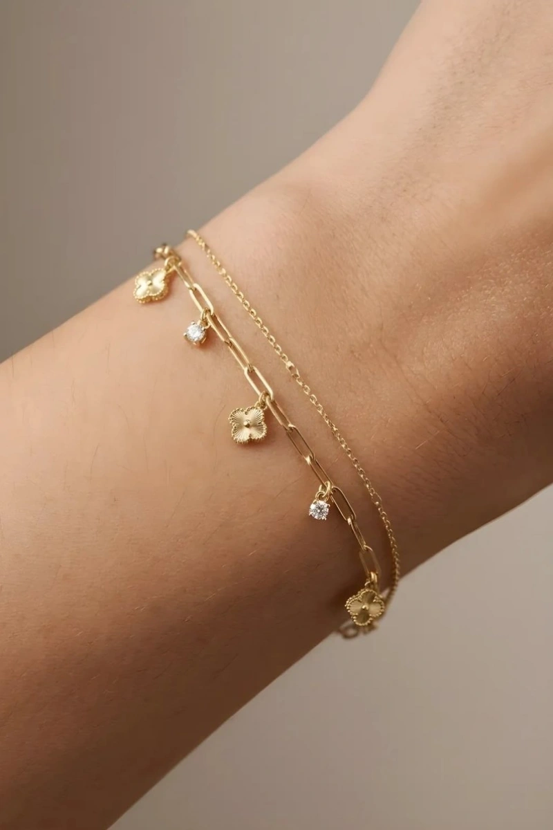 Çift Zincir Yonca Model Gold Altın Kaplama Bileklik