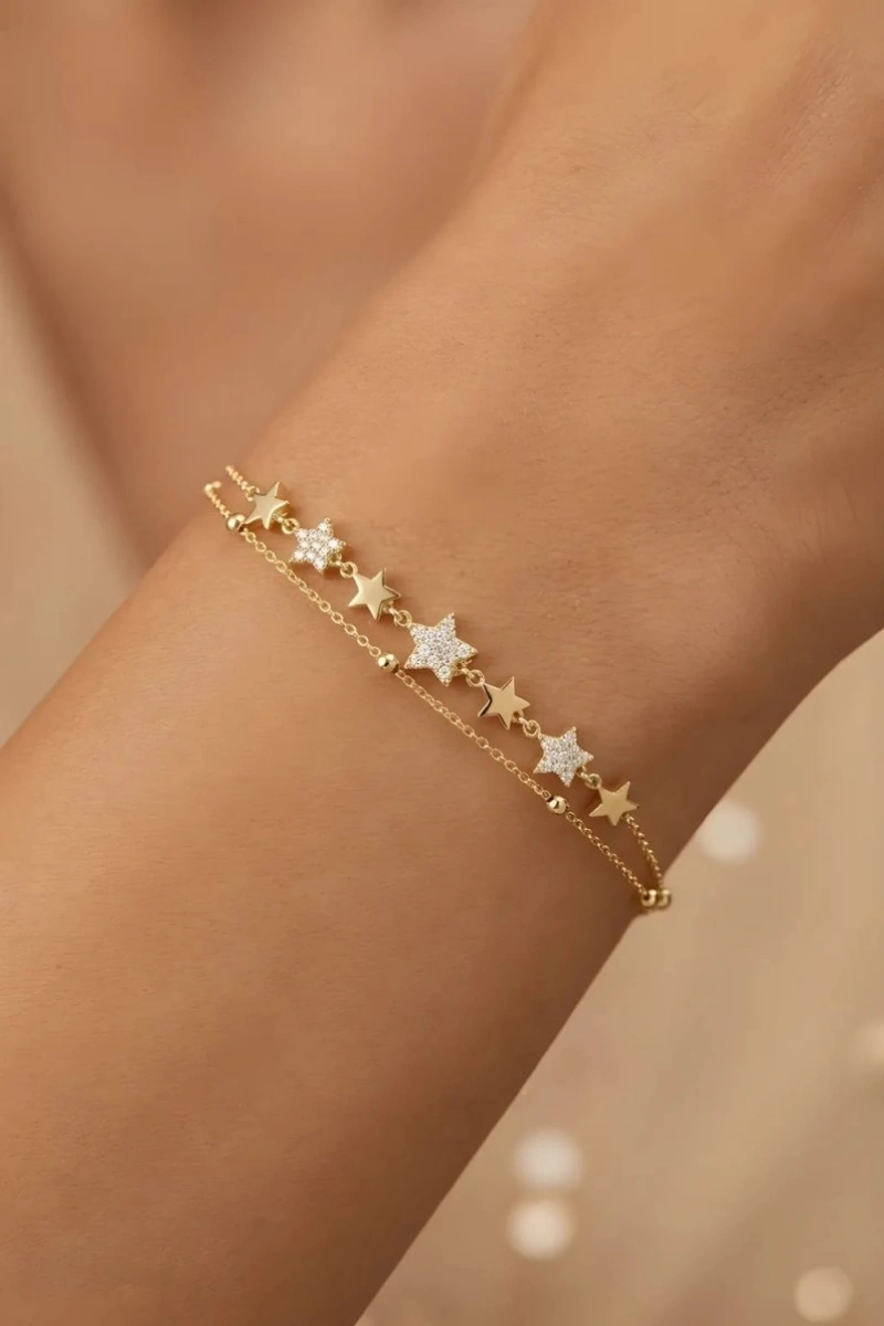 Taşlı Sıralı Yıldız Model Gold Altın Kaplama Bileklik