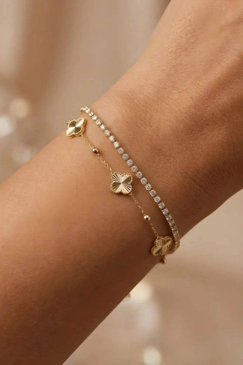 Su Yolu Zincir Yonca Model Gold Altın Kaplama Bileklik