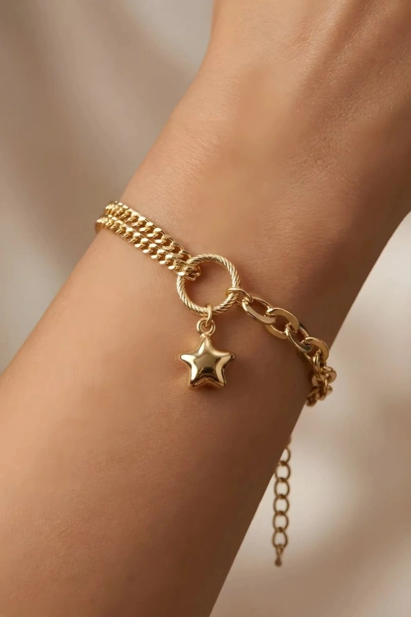 Sarkıt Yıldız Model Gold Altın Kaplama Bileklik