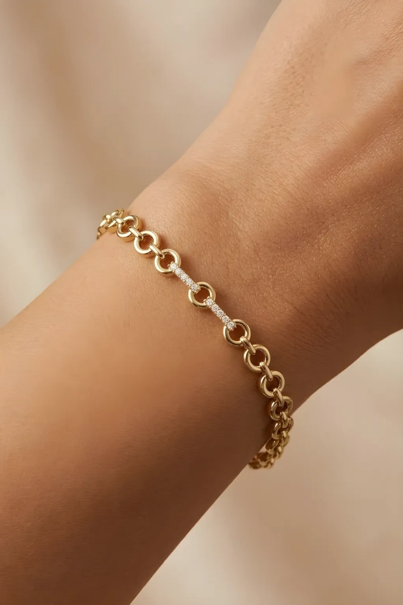 Halka Zincir Taş Sütun Model Gold Altın Kaplama Bileklik
