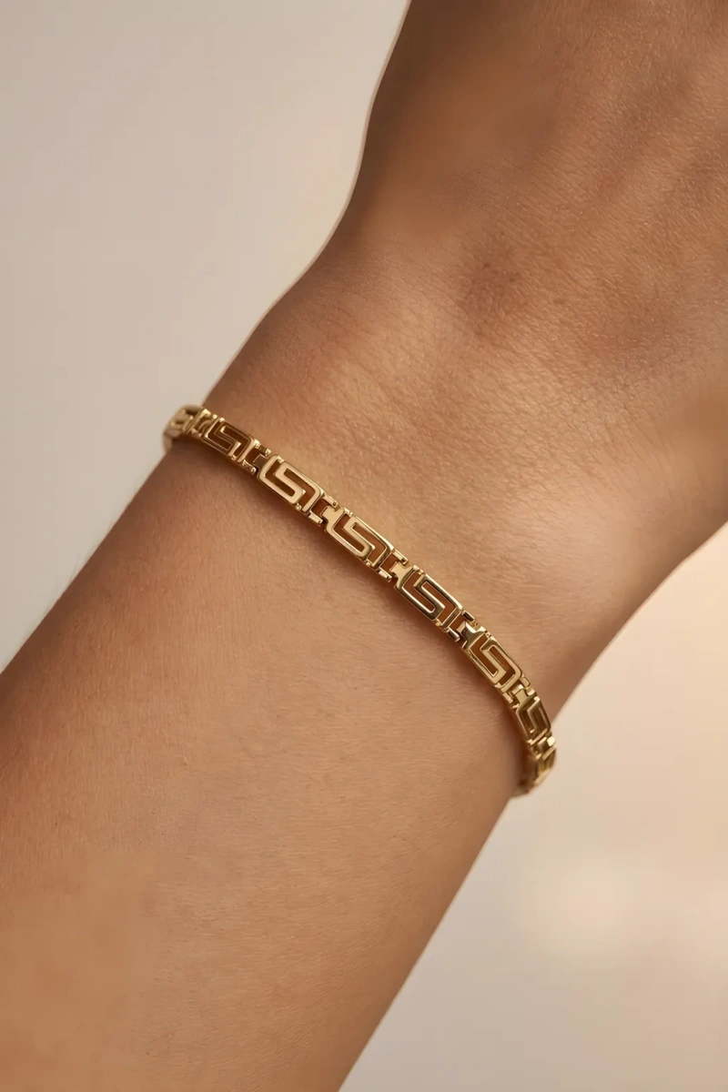 Düz Labirent Model Gold Altın Kaplama Bileklik
