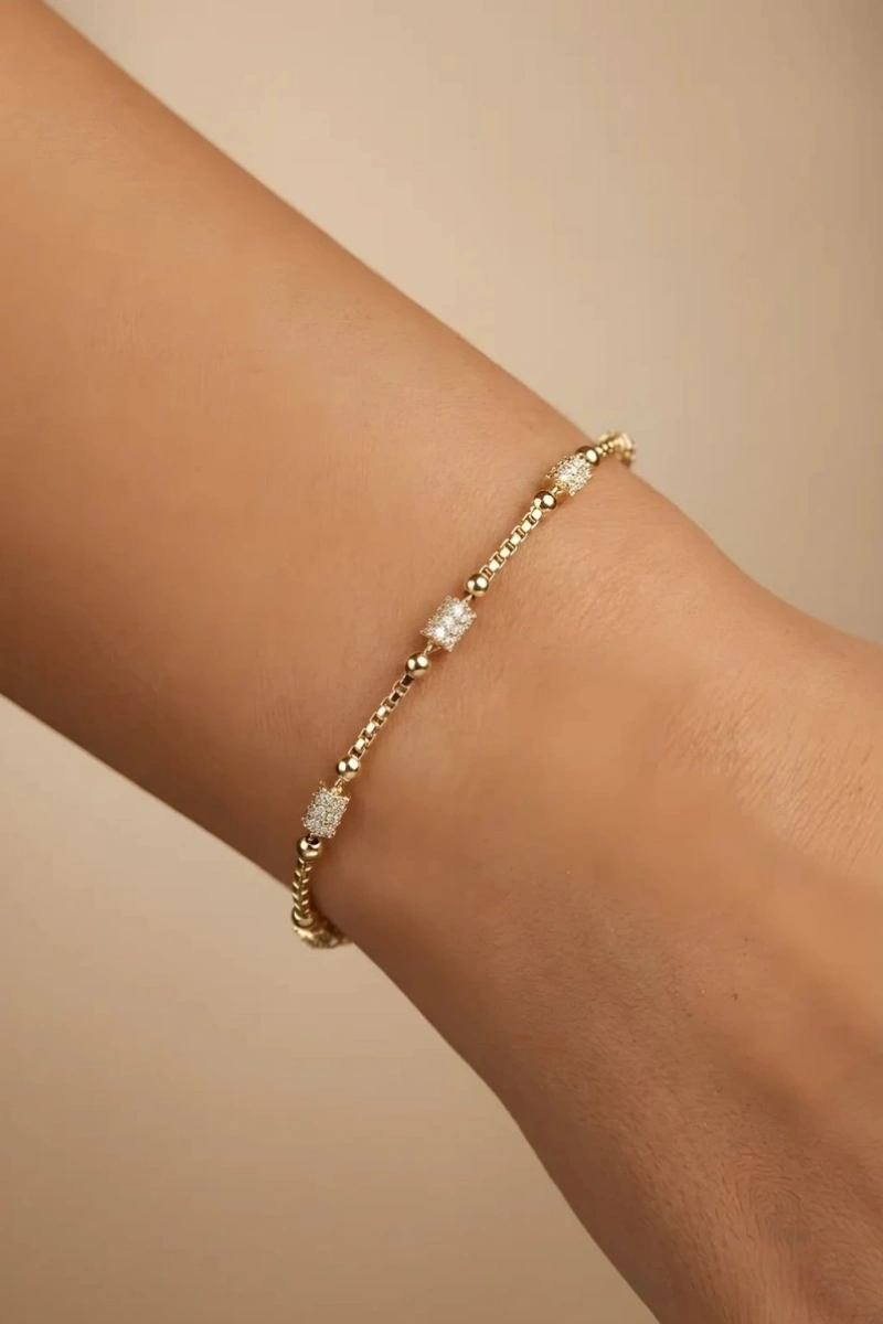 Taşlı Silindir Model Gold Altın Kaplama Bileklik