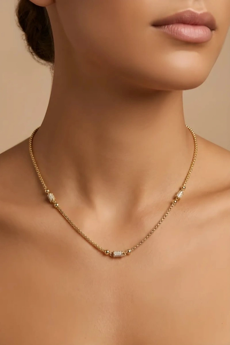 Taşlı Silindir Model Gold Altın Kaplama Kolye