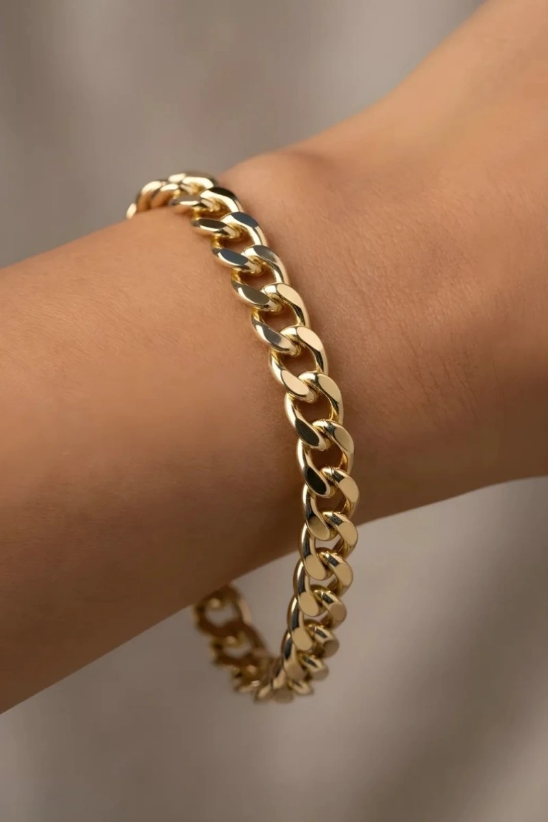Kalın Ezik Bağlı Model Gold Altın Kaplama Bileklik