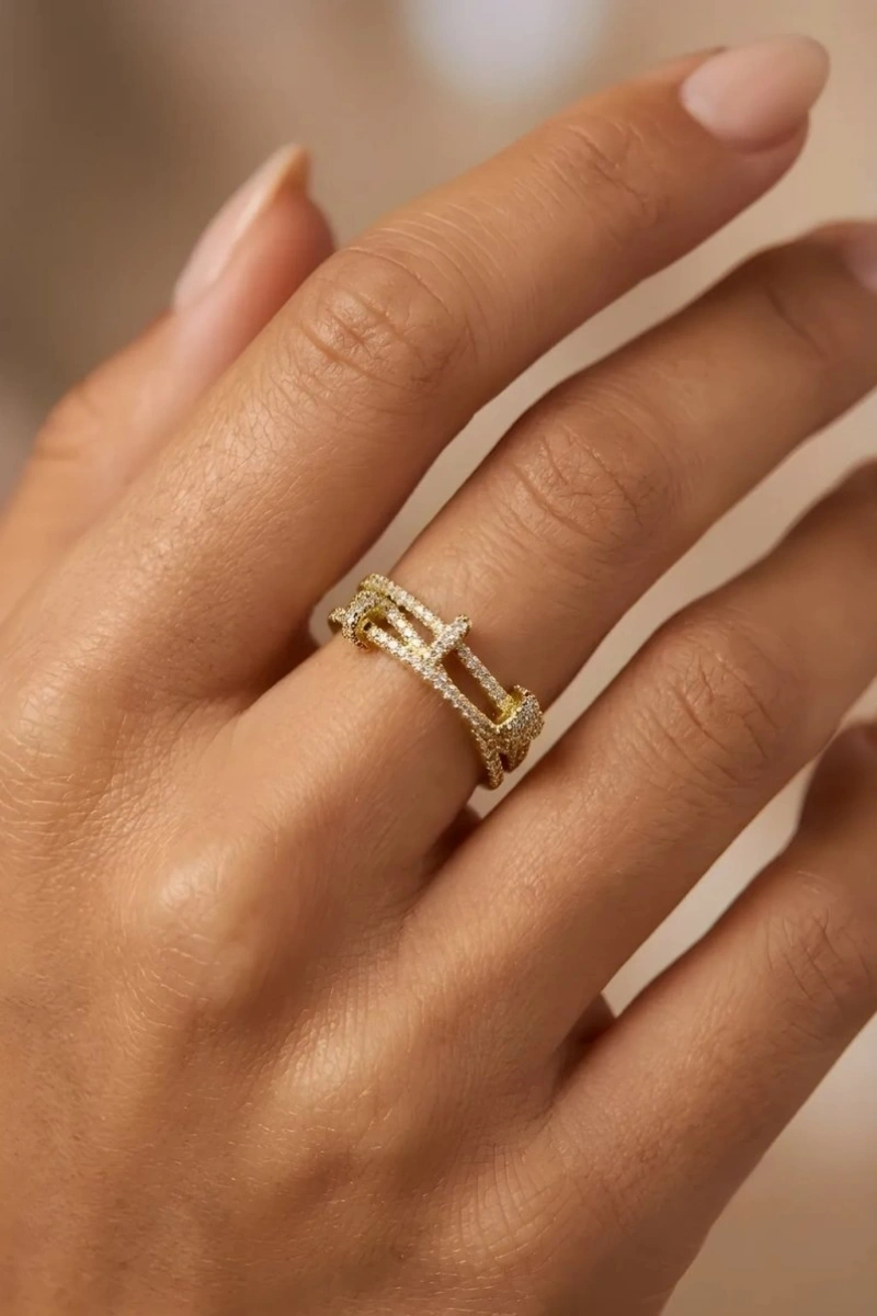 Taşlı Geçiş Model Gold Altın Kaplama Yüzük