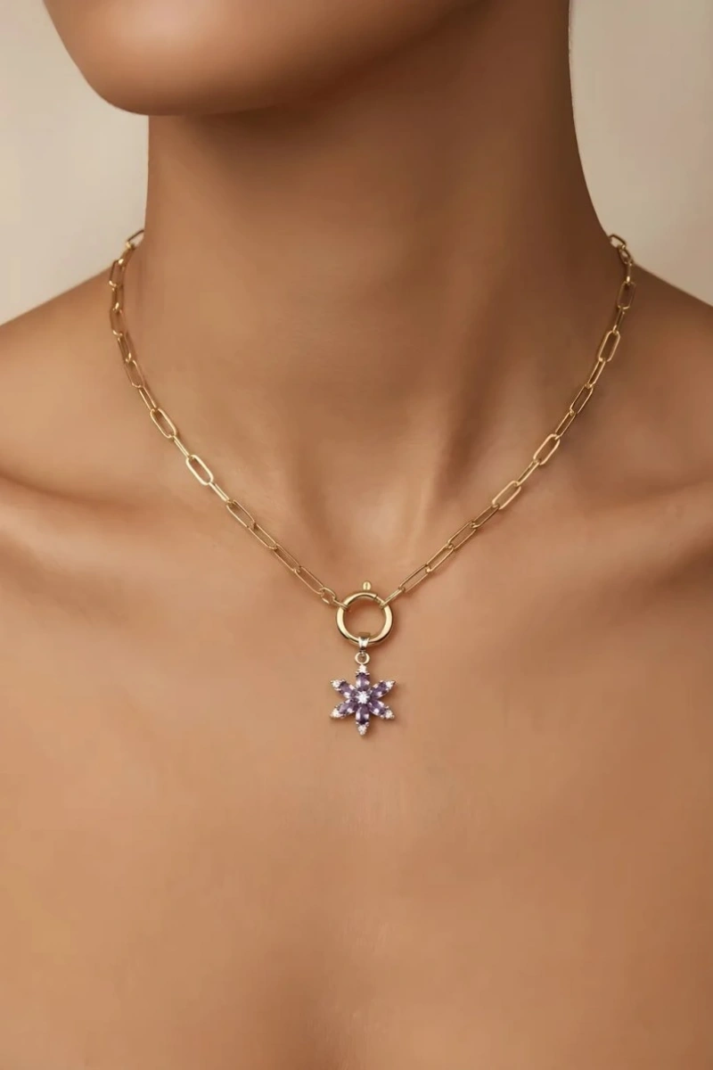 Mor Yıldız Model Ataç Zincir Model Gold Altın Kaplama Kolye