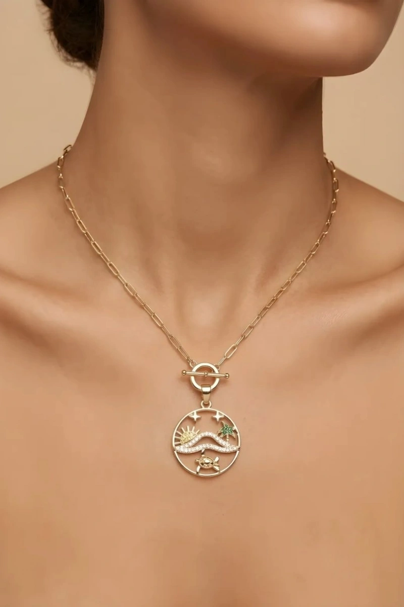 Deniz Model Ataç Zincir Model Gold Altın Kaplama Kolye