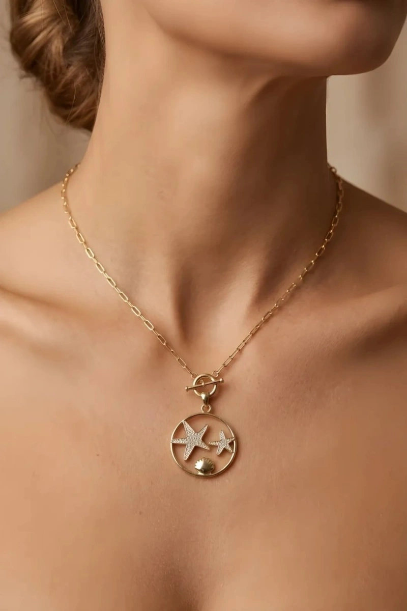 Deniz Yıldızı Model Ataç Zincir Model Gold Altın Kaplama Kolye