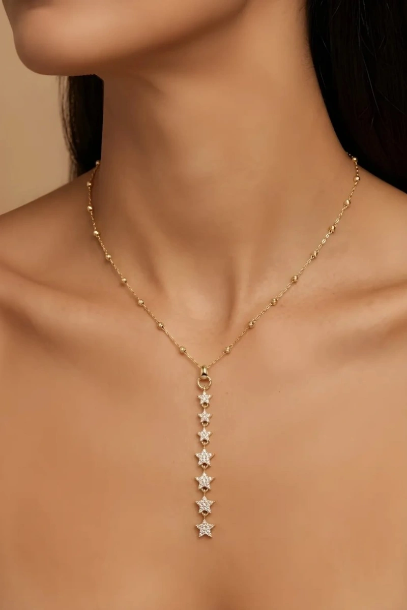 Yıldız Detay Sarkıt Model Gold Altın Kaplama Kolye