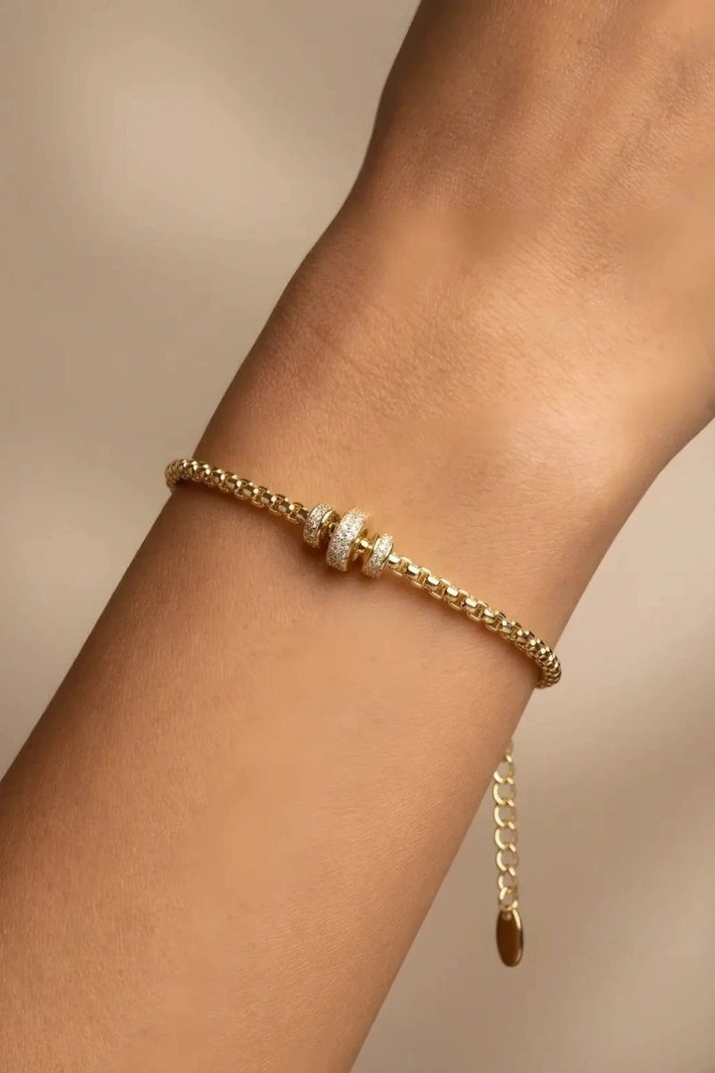 Horus Zincir Taşlı Halka Model Gold Altın Kaplama Bileklik