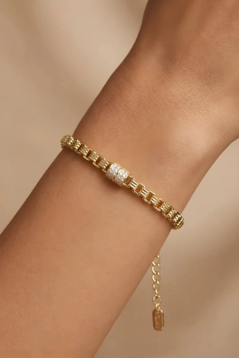Chain Zincir Taşlı Silindir Model Gold Altın Kaplama Bileklik