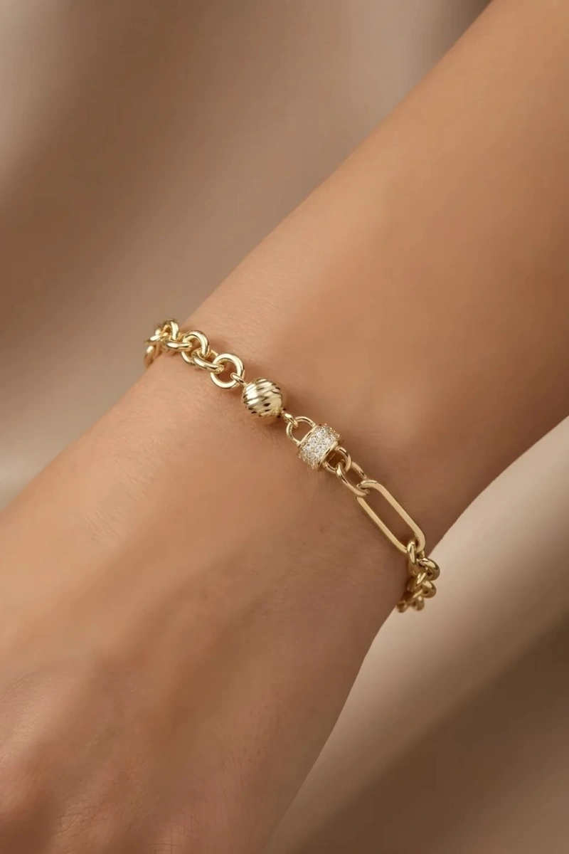 Çift Zincir Çizgili Top Model Gold Altın Kaplama Bileklik