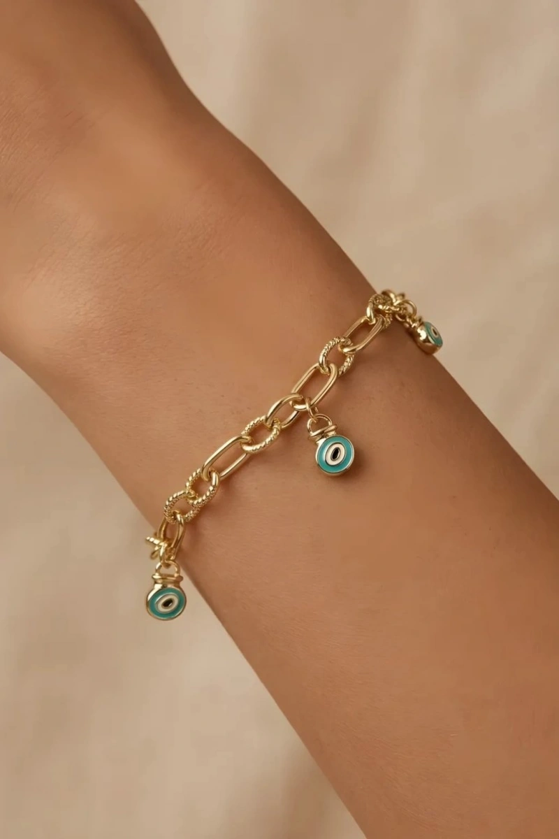 Sarkıt Mavi Boncuk Model Gold Altın Kaplama Bileklik