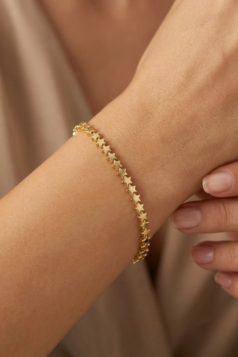 Sıralı Düz Yıldız Desen Gold Altın Kaplama Bileklik